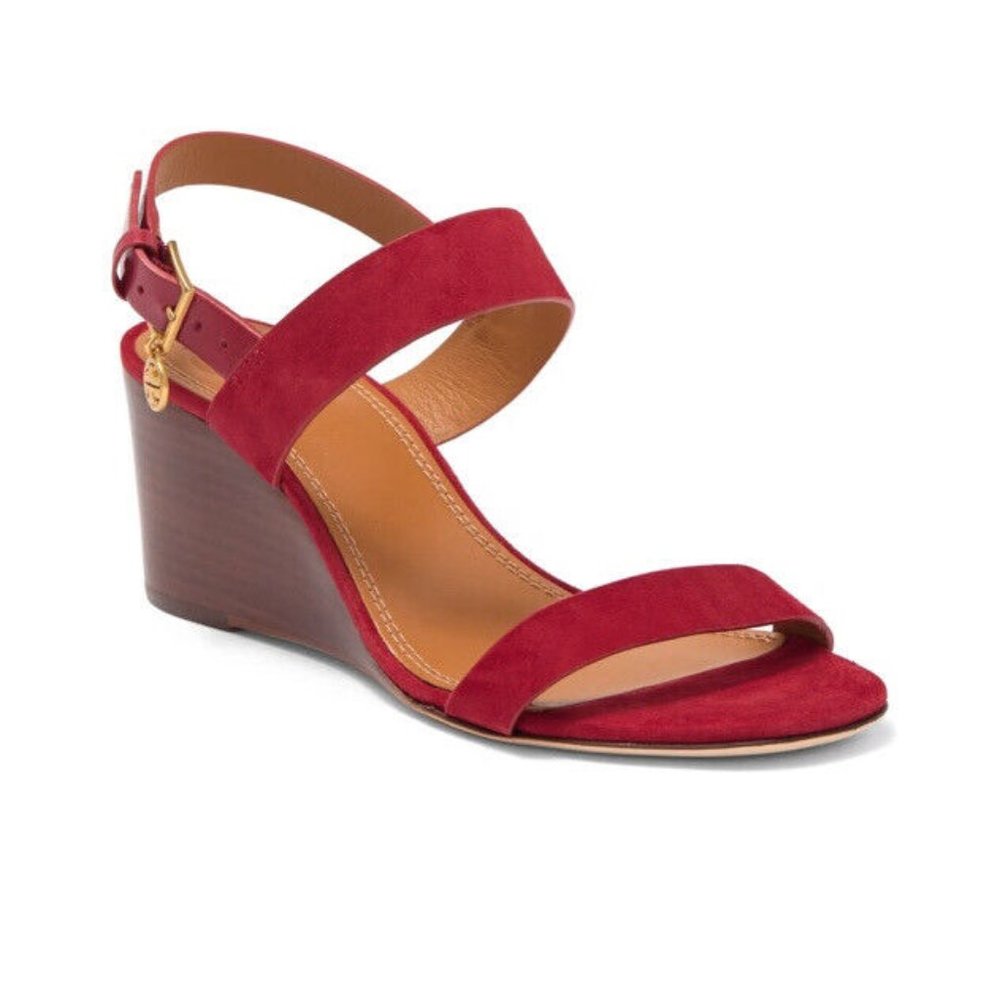 NIB Tory Burch Mini Benton Red Apple Kid Suede Wedge Sandals $298